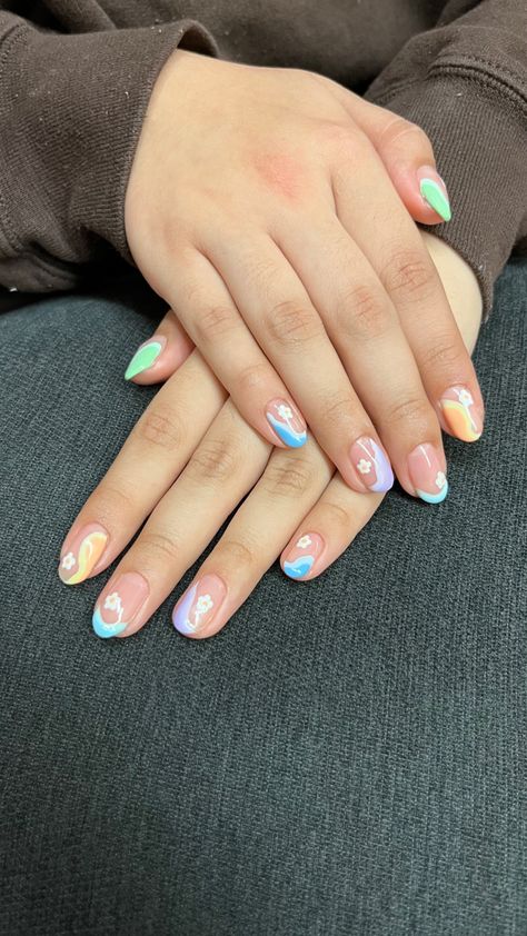 Enid Nails, Pastel Rainbow Nails, White Flower Nails, Pastel Color Nails, Pastel Nail Art, Cross Nails, Pastel Abstract, Rainbow Pastel, Nail Art Inspo