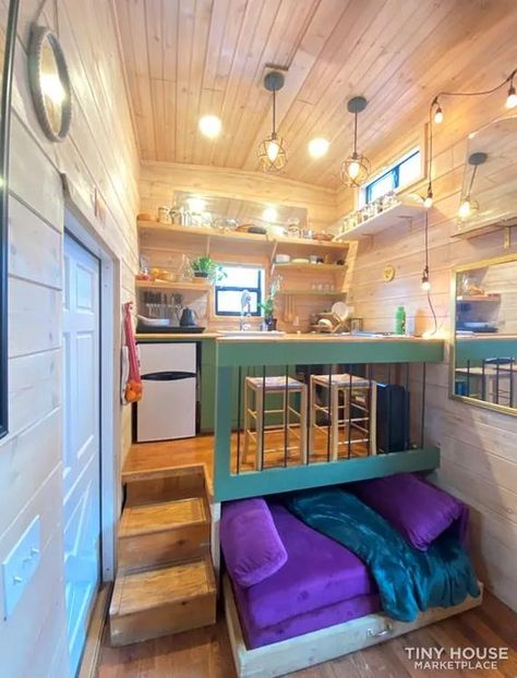 Tiny House Pull Out Bed, 20 Ft Tiny House On Wheels, Tiny Home Bed Ideas, Trailer Into Tiny House, Tiny Home Pull Out Bed, Tiny House Bookshelves, Tiny House Deck Ideas, 20ft Tiny House On Wheels, Garage Cabana