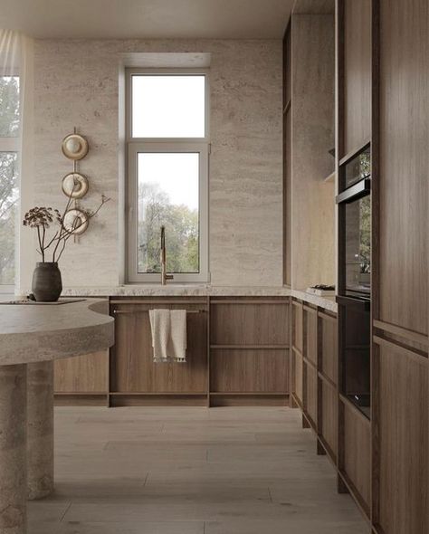 The Epicurean on Instagram: "ALL THINGS NEUTRAL — Love this mix of natural colored wood & travertine. Designed by @leyla_interiors" Travertine And Wood, Neutral Kitchen Designs, Minimalistic Interior Design, Italy Kitchen, Minimalistic Interior, Timber Kitchen, Dark Wood Kitchens, Nice Kitchen, Neutral Kitchen