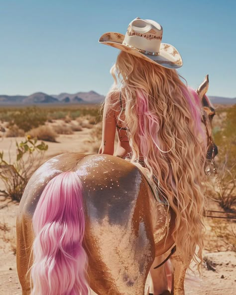 Pink Horse Aesthetic, Pretty Woman Aesthetic, Barbie Horse, Aesthetic Paintings, Pink Horse, Woman Aesthetic, Pink Desert, Dream Horse, Pink Highlights