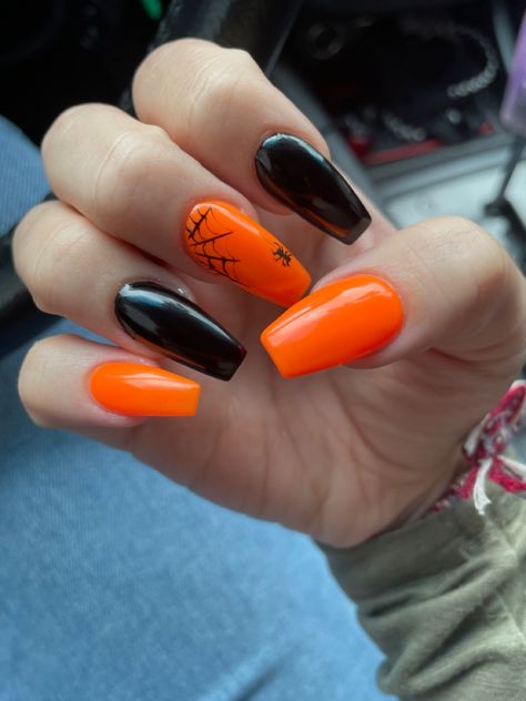 Black With Orange Nails, Halloween Nails Plain, Orange Spider Web Nails, Simple Halloween Nails Black And Orange, Halloween Orange And Black Nails, Halloween Nail Designs Orange And Black, Neon Orange Halloween Nails, Solid Color Halloween Nails, Halloween Nails Solid Colors