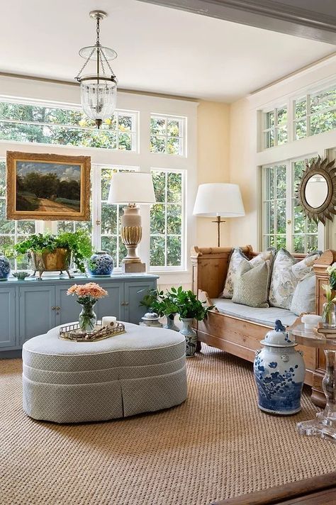 Sunroom Furniture, Tuscan Home, Sunroom Decorating, Sun Rooms, Cottage Decorating, Grand Millennial, Bookcase Styling, Blue Cottage, Blue White Decor