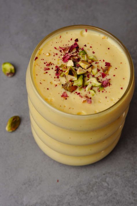 Vegan Mango Lassi Recipe Mango Lassi Recipe, Mango Lassi Recipes, Healthy Summer Treats, Lassi Recipe, Roasted Pistachios, Soy Yogurt, Refreshing Breakfast, Lassi Recipes, Vegan Summer Recipes