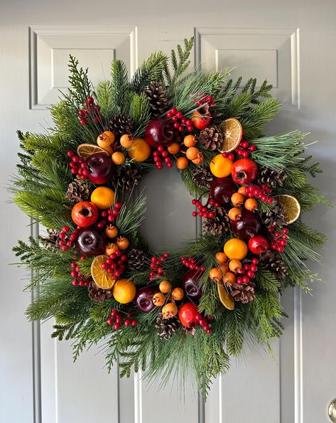 Red And Orange Christmas, Fruit Wreaths, Door Fall Decor, Apple Pomegranate, Holiday Front Door, Wreath Hook, Apple Wreath, Etsy Wreaths, Red Berry Wreath