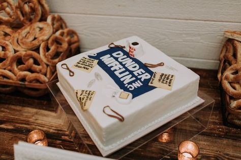 The Office Themed Groom's Cake The Office Grooms Cake, Sheet Cake Wedding, Grooms Cake Tables, Wedding Sheet Cakes, Sweetie Cake, Cake Table Decor, Cakes Design, Wedding Cake Design, Office Themes