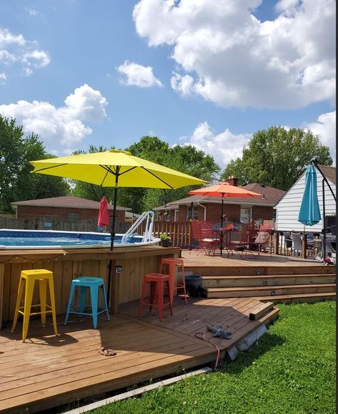 Pool Deck Inspiration, Decks Around Above Ground Pools Ideas, Above Ground Pool Deck Ideas With Bar, Bar Around Above Ground Pool, Pool And Deck Ideas, Back Deck With Pool, Pool Decks For Above Ground Pools, Deck Around Above Ground Pool, Above Ground Pool Bar Ideas