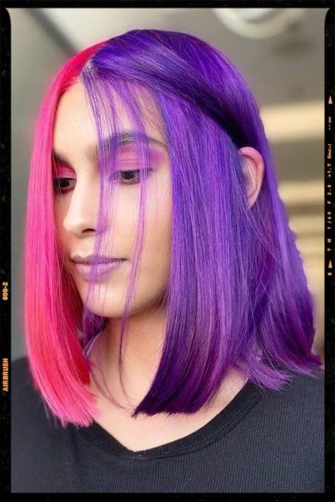 Bold Pink and Purple Hair Pink And Purple Color Block Hair, Alt Hair Colors, Pink And Purple Hair, App Filter, Split Dyed Hair, Airbrush App, Coloured Hair, Split Hair, Hair Techniques