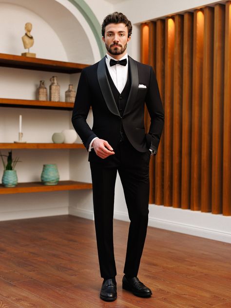 Black Slim-Fit Tuxedo 3-Piece Men's Suit Accessories, Black Formal Suits Men, Suite For Wedding Men, 3 Piece Suit For Groom, Outfit For Engagement Men, Wedding Black Suits Men, Black Tuxedo Suit For Men, Tuxedo For Men Reception, Black Coat Suit For Men