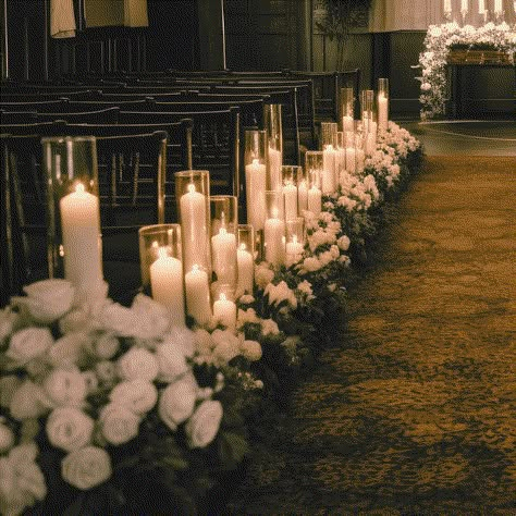 Wedding Candles On Floor, Aisle Lined With Candles, Wedding Floor Candles, Candlelight Wedding Aisle, Wedding Ceremony Ideas Candles, Ceremony Candles Wedding, Candle Isle Decor Wedding, Candles At Wedding Ceremony, Moody Wedding Aisle Decor