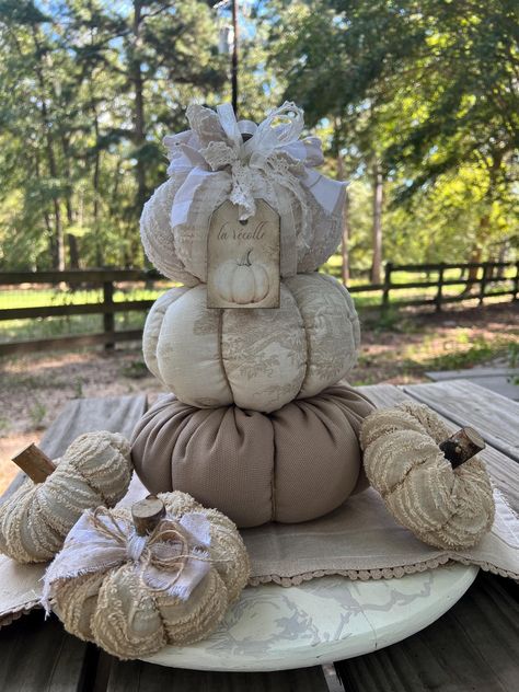 Shabby Chic Stacked Toile Chenille Pumpkin Fall Shabby Chic Pumpkins, Wood Tags, Wooden Pumpkins, Toile Fabric, Stacked Pumpkins, Fabric Bows, Chenille Fabric, Fall Pumpkins, Fall Decor