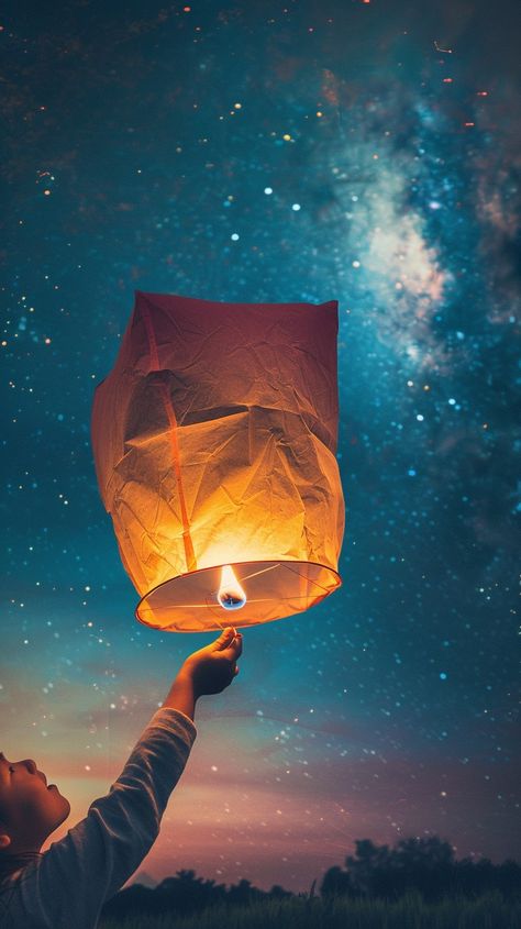 Starry Lantern Release: A person releases a glowing lantern into the star-scattered sky on a serene night. #starry #lantern #release #night #sky #aiart #aiphoto #stockcake ⬇️ Download and 📝 Prompt 👉 https://ayr.app/l/s2QE Lanterns To Release In Sky, Sky Lantern Tattoo, Flying Lanterns Aesthetic, Sky Lantern Drawing, Sky Lanterns Photography, Lantern Pictures, Chath Pooja Image, Lantern Release, Lantern Aesthetic