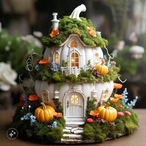 Fairy Pumpkin Decorating, Fairy House Pumpkin, Fairy Garden Ideas Enchanted Forest, Fairy Garden Pumpkin, Halloween Crafts Diy Projects, Pumpkin Houses, Pumpkin Diorama, Pumpkin Cottage, Pumpkin Fairy House