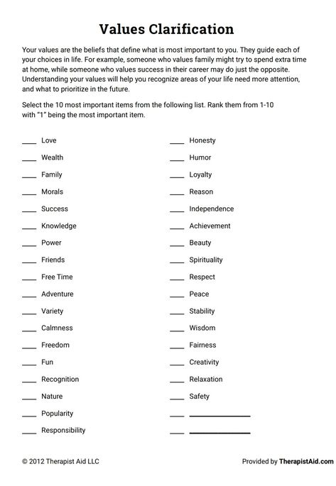 Values clarification worksheet - identify important qualities and characteristics   Taken from therapist aid - https://www.therapistaid.com/therapy-worksheet/values-clarification/none/none My Values Worksheet, Values Therapy Activity, Values Activity Therapy, Values Group Therapy, Value Clarification Activities, Values Clarification Worksheet, Values Clarification Activities, Counseling Worksheets For Adults, Values Worksheet Therapy