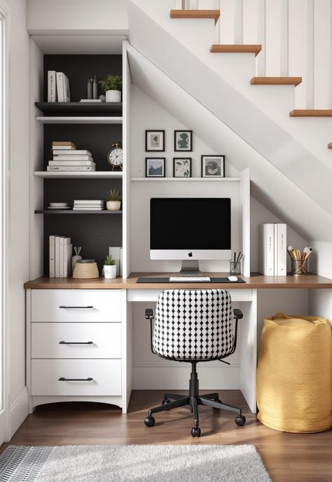 Staircase Storage Under Stairs Downstairs Space Ideas, Under Stairs Office And Storage, Under Staircase Desk, Under Stair Work Space, Office Space Under Stairs, Desk Under The Stairs, Under Stair Desk Ideas, Under The Stairs Work Space, Under The Stairs Office Space