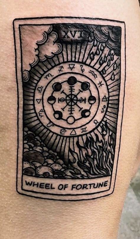 Fortune Card Tattoo, Wheel Of Fortune Tattoo Design, Tarot Sleeve Tattoo, The Wheel Tarot Tattoo, Tarot Tattoo Ideas Symbols, Tarot Cards Tattoo Ideas, Saraswati Tattoo, Wheel Of Fortune Tattoo, Wheel Of Fortune Tarot Tattoo