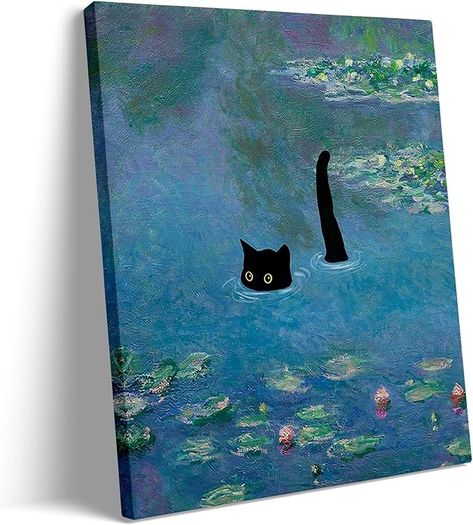 Oil Painting Aesthetic Easy, Bathroom Painting Ideas Canvas Diy Wall, Easy Cat Painting Ideas On Canvas, Cat Acrylic Painting Easy, Cat Swimming, Black Cat Poster, Pond Landscape, Paint Christmas, Canvas Art Painting Abstract