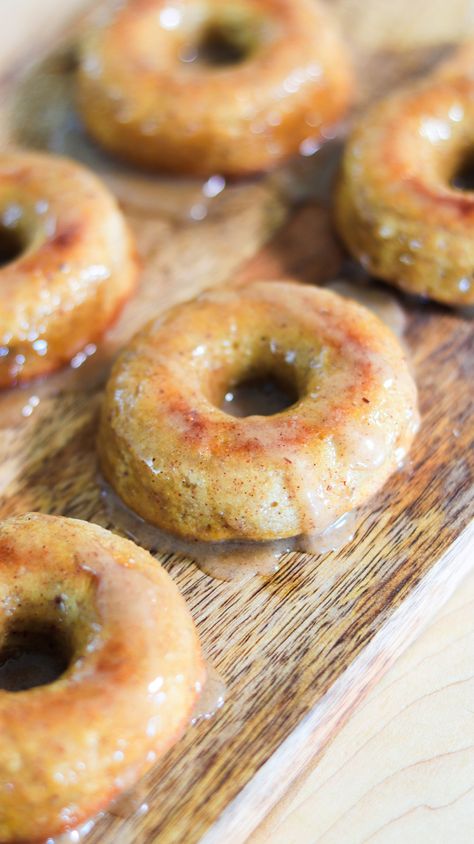 Keto Pumpkin Glazed Donuts w/Pumpkin Spice Glaze [Low-carb, Sugar-free, Gluten-free] - Chef Michael Keto Pumpkin Donuts Baked, Keto Pumpkin Donut Recipe, Keto Glaze, Pumpkin Spice Glaze, Pumpkin Donuts Baked, Pumpkin Donuts Recipe, Pumpkin Doughnut, Grain Recipes, Pumpkin Spice Donut