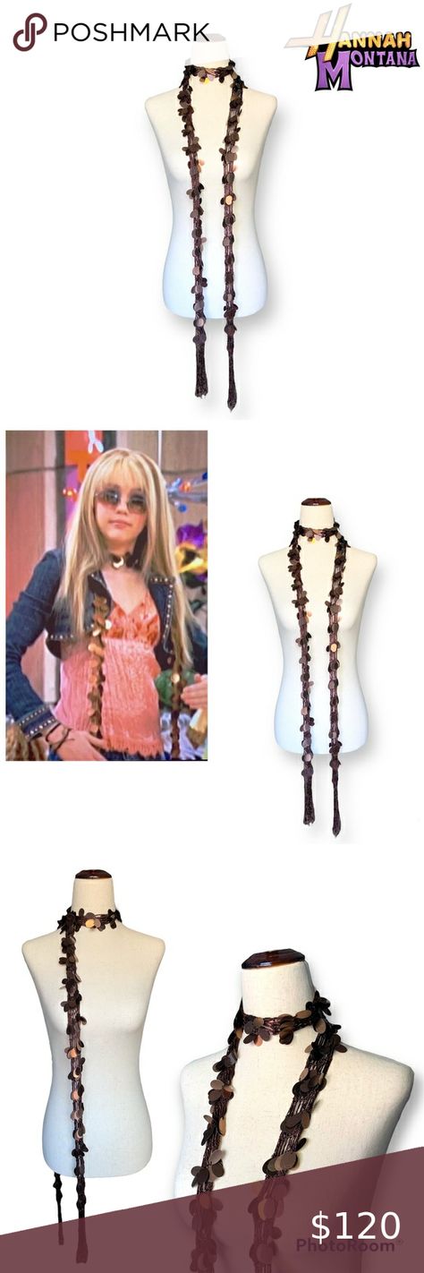 Hannah Montana’s Wardrobe, bronze sequins skinny scarf Hannah Montana Scarf, Hannah Montana, Western Boho, Brand Style, Valentino Studs, Miley Cyrus, Pop Star, Clothing Items, Montana