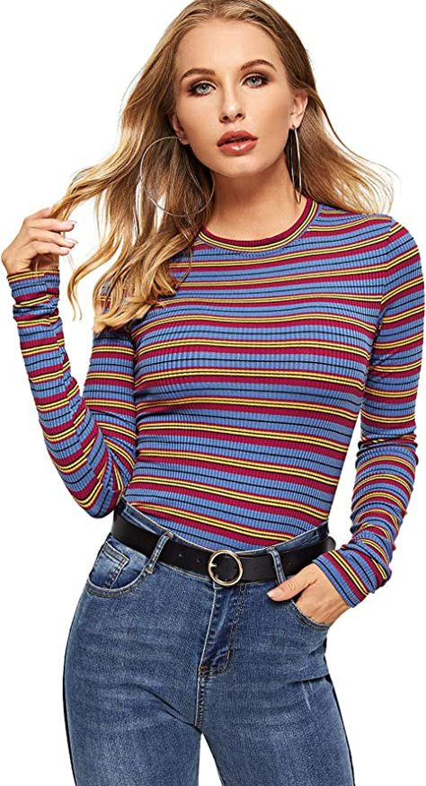 Milumia Women's Casual Striped Tee Ribbed Knit Slim Fit Long Sleeve T Shirts Red and Blue Small at Amazon Women’s Clothing store Red Striped Shirt, Casual Stripes, Striped Crop Top, Long Sleeve Knit Tops, Amazon Women, Striped Tee, Striped Knit, Long Sleeve T Shirts, Women's Casual