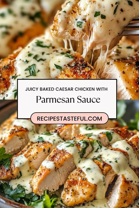 Savor this tender and flavorful Baked Caesar Chicken topped with a creamy Parmesan sauce! Made with a rich Caesar dressing and a hint of garlic, this easy-to-make recipe brings out juicy, melt-in-your-mouth chicken every time. Perfect for weeknight dinners or special occasions, it’s a crowd-pleaser with minimal prep and maximum flavor. Pin this recipe for a quick, delicious, and comforting meal that pairs perfectly with any side dish Cesar Chicken, Baked Caesar Chicken, Chicken With Parmesan, Caesar Sauce, Caesar Chicken, Creamy Parmesan Sauce, Parmesan Sauce, Creamy Parmesan, Caesar Dressing