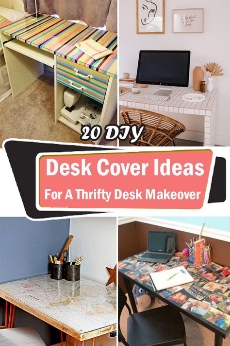 Give your workstation a stylish makeover with these DIY Desk Cover Ideas that look trendy but don't cost much! Upcycle Desk Ideas, Desk Top Covers, Dorm Desk Makeover, Diy Desk Upgrade, Desk Tops Ideas, Cover Desk With Wallpaper, Diy Desktop Surface, Wallpaper On Desk Top, Dorm Desk Cover