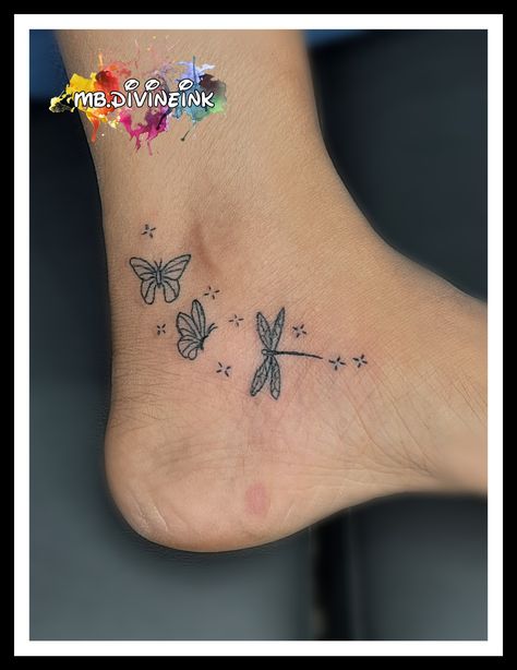 Small butterfly tattoo, Dragonfly tattoo, Ankle tattoo, Beautiful Tattoo, Cute tattoo, Magical tattoo, Tattoos for girl, Tattoos for women, Black and grey tattoo, Tattoo design, Tattoo INSTAGRAM:- www.instagram.com/mb.divineink Half Butterfly Half Dragonfly Tattoo, Butterflies And Dragonflies Tattoo, Dragonfly Ankle Tattoos For Women, Dragonfly Tattoo On Ankle, Dragon Fly Ankle Tattoo, Feminine Dragonfly Tattoo, Dragonfly And Butterfly Tattoo Together, Dragon Fly And Butterfly Tattoo, Dragonfly Finger Tattoo