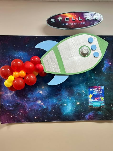 Vbs Space Snacks, Blast Off Decorations, Space Class Decorations, Diy Out Of This World Decor, Rocket Decorations Space Theme, Galaxy Decorations Classroom, Space Display Classroom, Outer Space Hoco Theme, Galaxy Theme Classroom Decor