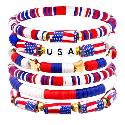 PRICES MAY VARY. 4th of July Bracelets: You will receive 6pcs preppy bracelets, made of red white and blue clay bracelets with USA letters and American flag strung on an elastic cord, symbolizing a strong patriotic atmosphere. Show your love to great America with these 4th of July bracelets for women！ Materials & Size: The 4th of July bracelets bulk are made of high-quality materials, including alloy and clay beads. 100% Handmade, adds a touch of elegance and uniqueness to the design, making it Handmade Cheap Beaded Bracelet For 4th Of July, Handmade Beaded Bracelets For 4th Of July, Patriotic Clay Bead Bracelets, Handmade Patriotic Beaded Bracelets For 4th Of July, Cheap Patriotic Beaded Bracelets For 4th Of July, 4th Of July Bracelets, 4th Of July Accessories, Usa Bracelet, Blue Bracelets