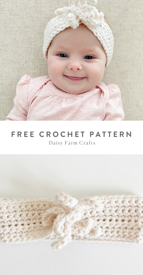 Free Pattern from Daisy Farm Crafts Crochet Infant Headbands Free Patterns, Crochet Infant Headband, Baby Turban Crochet Pattern Free, Crochet Headband For Baby Girl, Crochet Baby Headband Free Pattern Newborns, Crochet Toddler Headband Free Pattern, Baby Crochet Headband Free Pattern, Baby Girl Crochet Ideas, Cute Crochet Headbands