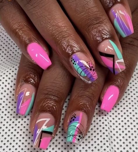 Fun Bright Nails Summer, Busy Nails Designs, Tabitha Brown Nails, Fun Bright Nail Designs, Summer Nails 2023, Bright Nail Designs, Pedi Ideas, Fun Summer Nails, Fab Nails