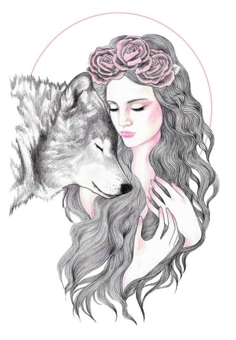 Animal Witch, Wolf Girl Tattoos, December Art, King Tattoo, Wolves And Women, Woman Tattoo, Spirit Animal Art, Wolf Spirit Animal, Sketch Tattoo Design