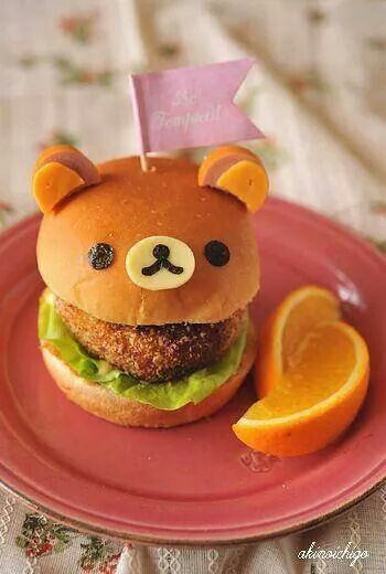 Bear burger Food For Kids, Kawaii Food, Kids Food, Bento Box, Fun Food, Cute Food, Japanese Food, Food Art, Food Ideas