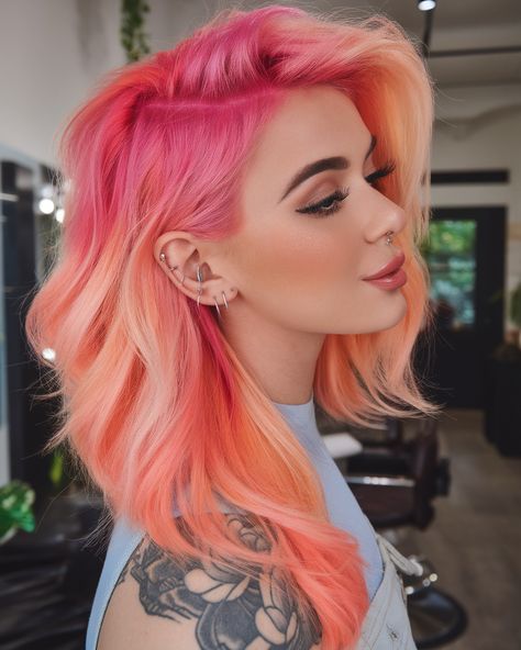 27 Peekaboo Hair Color Trends 2024-2025 for Brunettes, Short Cuts, and Bold DIY Looks Two Different Colored Hair, Pink Shag Hair, Hair Color Ideas Peekaboo, Light Spring Hair Color, 90s Layered Hair, Red And Blonde Hair Color, Peachy Pink Hair, Red And Blonde Hair, Peekaboo Hair Color