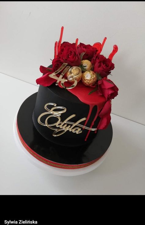 Red Birthday Cake For Men, Red Black And Gold Cake Ideas, Red And Black Cake For Men, Red And Black Cakes Birthday, Black And Red Cake, Red And Black Cake Ideas Birthdays, Black Cake With Red Drip, Black Birthday Cake With Red Roses, Kitkat Cake