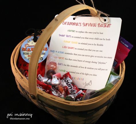 Grandmas Survival Basket gift for Grandparent Shower Gift Gift Basket Ideas For Grandma, Grandma Diy, New Grandparent Gifts, Grandparents Day Gifts, New Grandparents, Keepsake Books, New Grandma, Gift Basket Ideas, Grandmother Gifts