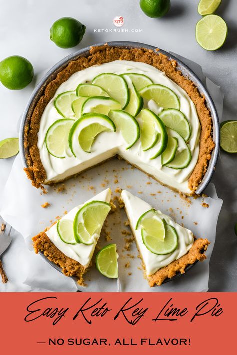 This easy Keto Key Lime Pie is everything you crave in a dessert – zesty, creamy, and sugar-free. Made with simple keto ingredients and big on flavor, this pie is a crowd-pleaser!  #KetoFriendly #DessertGoals #NoSugar    https://ketokrush.com/keto-key-lime-pie-a-deliciously-low-carb-dessert-you-can-enjoy/ Key Lime Keto Dessert, High Protein Key Lime Pie, Low Carb Key Lime Pie, Keto Lime Desserts, Keto Custard Pie, Keto Pistachio Dessert, Low Calorie Pie, Keto Key Lime Cheesecake, Sugar Free Key Lime Pie