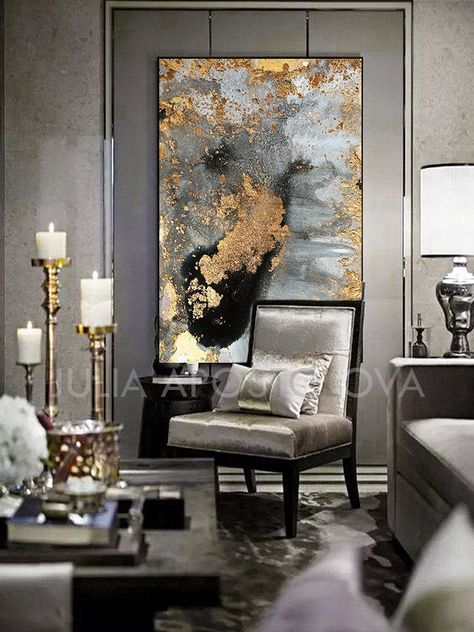 Wall Art Uk, Luxury Wall Art, Art Deco Bedroom, Orange Home Decor, Gold Living Room, Grand Art Mural, Watercolor Paintings Abstract, Gold Wall Art, Gold Leaf Painting