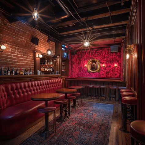 Nashville Bar Aesthetic, Speakeasy Bar Design 1920s, Red Bar Aesthetic, Saloon Bar Ideas, Dark Bar Aesthetic, Speakeasy Bar Design, Speakeasy Entrance, Speakeasy Vibes, Unique Bar Ideas