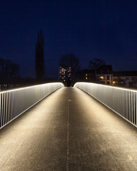 "landscape lighting design walkways" pedestrian bridge in Basel, Switzerland Handrail Exterior, Bridge Lighting, Handrail Lighting, Walkway Lighting, Landscape Lighting Design, Vintage Industrial Lighting, Basel Switzerland, Urban Lighting, Lan Can