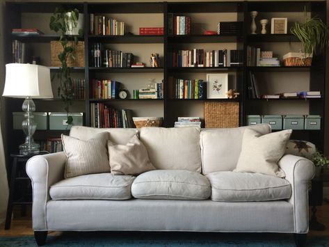 Bookshelf Behind Couch, Shelves Behind Couch, Bookcase Behind Sofa, Shelf Behind Couch, Room With Bookshelves, Wall Behind Couch, Behind Sofa, Billy Ikea, Ikea Bookcase