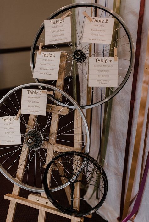 Bike wheel seating plan · Rock n Roll Bride Bike Wedding Decor, Chotronette Dresses, Bike Wedding, Coin Photo, Deco Champetre, Second Wedding, Equestrian Estate, Rock N Roll Bride, Wedding Table Plan