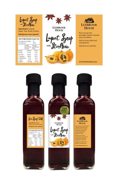 Colourful label design for Ludbrook House - Loquat Syrup with star anise. Clean and modern look combined with a splash of colour. Syrup Label Design, Syrup Labels, Baked Custard, Syrup Bottle, Adventure Logo, Splash Of Colour, Star Anise, Rice Dishes, Macallan Whiskey Bottle