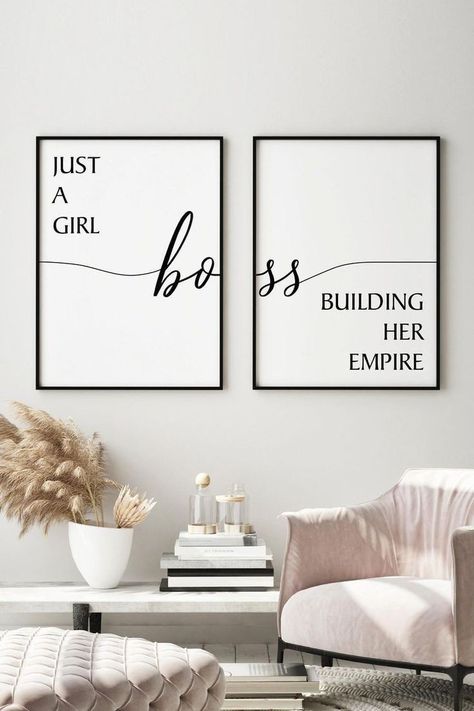 Fashion Studio Wall Art, Aesthetic Wall Frames Ideas, Lounge Wall Art Ideas, Office Frames Ideas, Boujee Office Decor, Wall Frames Ideas Living Room Modern, Fashion Office Interior, Quotes Framed Decor Wall Art, Girlie Office Ideas