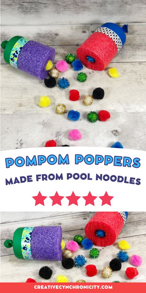 Pieces of pool noodles cut and made into pompom poppers with a balloon and craft tape Pool Noodles Crafts, Noodle Crafts For Kids, Noodle Crafts, Pool Noodle Crafts, Camp Crafts, Summer Camp Crafts, Pool Noodle, Fun Summer Activities, Sport Craft