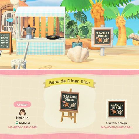 Animal Crossing Seafood Restaurant, Acnh Seafood Stall, Acnh Restaurants, Animal Crossing Signs, Acnh Signs, Cool Signs, Animal Crossing Guide, Acnh Design, Acnh Designs