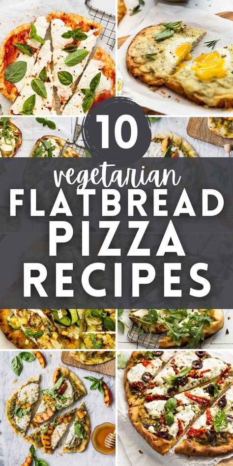 When you're craving pizza but need an easy and quick dinner, make one of these homemade flatbread pizza recipes! Use store-bought or homemade naan flatbread, add your toppings, and bake. In 15-minutes you will have a delicious meal or appetizer ready to devour. They're all vegetarian recipes and can be easily made gluten-free using a gluten-free flatbread! What To Eat With Flatbread, Vegetarian Flatbread Recipes, Flatbread Dinner, Easy Flatbread Pizza Recipes, Vegetarian Pizza Toppings, Homemade Flatbread Pizza, Vegetarian Flatbread, Easy Flatbread Pizza, Veggie Flatbread