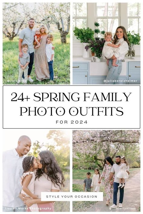 24+ Spring Family Photo Outfit Ideas You’ll Love for 2024. Need ideas for your spring family photo outfits? Check out our top spring family photoshoot outfits and color combo picks for indoor, outdoor, casual, and large family pictures. Whether you prefer pink, green, blue, pastel, or mauve, we've got you covered! Floral Family Pictures Outfits, Spring Outfit Photoshoot, Spring Family Photoshoot Outfits Casual, Family Photo Outfits Spring 2024, 2024 Family Pictures, Outdoor Spring Family Photos Outfit, Pastel Family Pictures Outfits, Spring Family Pictures Colors, Pink Family Photo Outfits