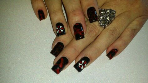 Resident evil nails Resident Evil Inspired Nails, Resident Evil App Icon, Resident Evil Nails, Evil Nails, Save Room Resident Evil, Resident Evil Merch, Resident Evil Save Room, Resident Evil Cosplay, Cosplay Clothes