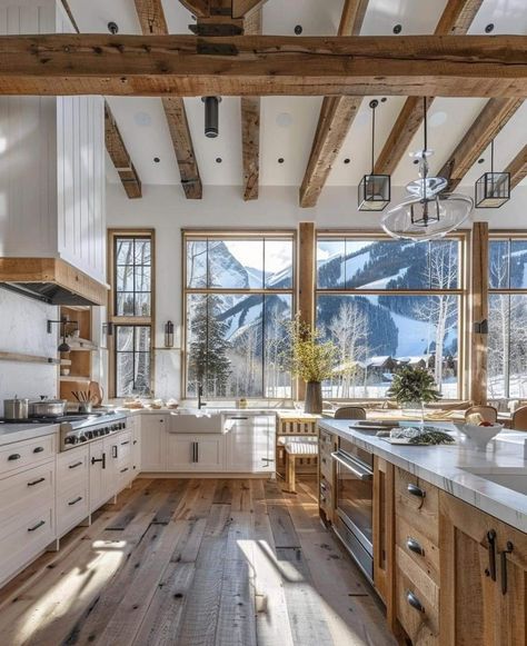 Big Cottage Kitchen, Large Kitchen Aesthetic, Modern Natural Kitchen, Eco Farmhouse, Big Farmhouse Kitchen, Kitchen With Big Windows, Country Homes Farmhouse, 2024 Color Palette, Pantry Door Ideas