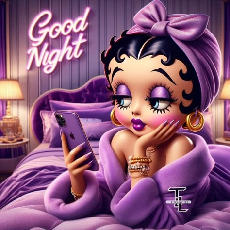 Black Betty Boop Aesthetic, Betty Boop Good Night, Purple Cartoon Characters, Betty Boop Coffee, Biker Betty Boop, Garfield Quotes, Betty Boop Baby, Purple Inspiration, Betty Boop Figurines